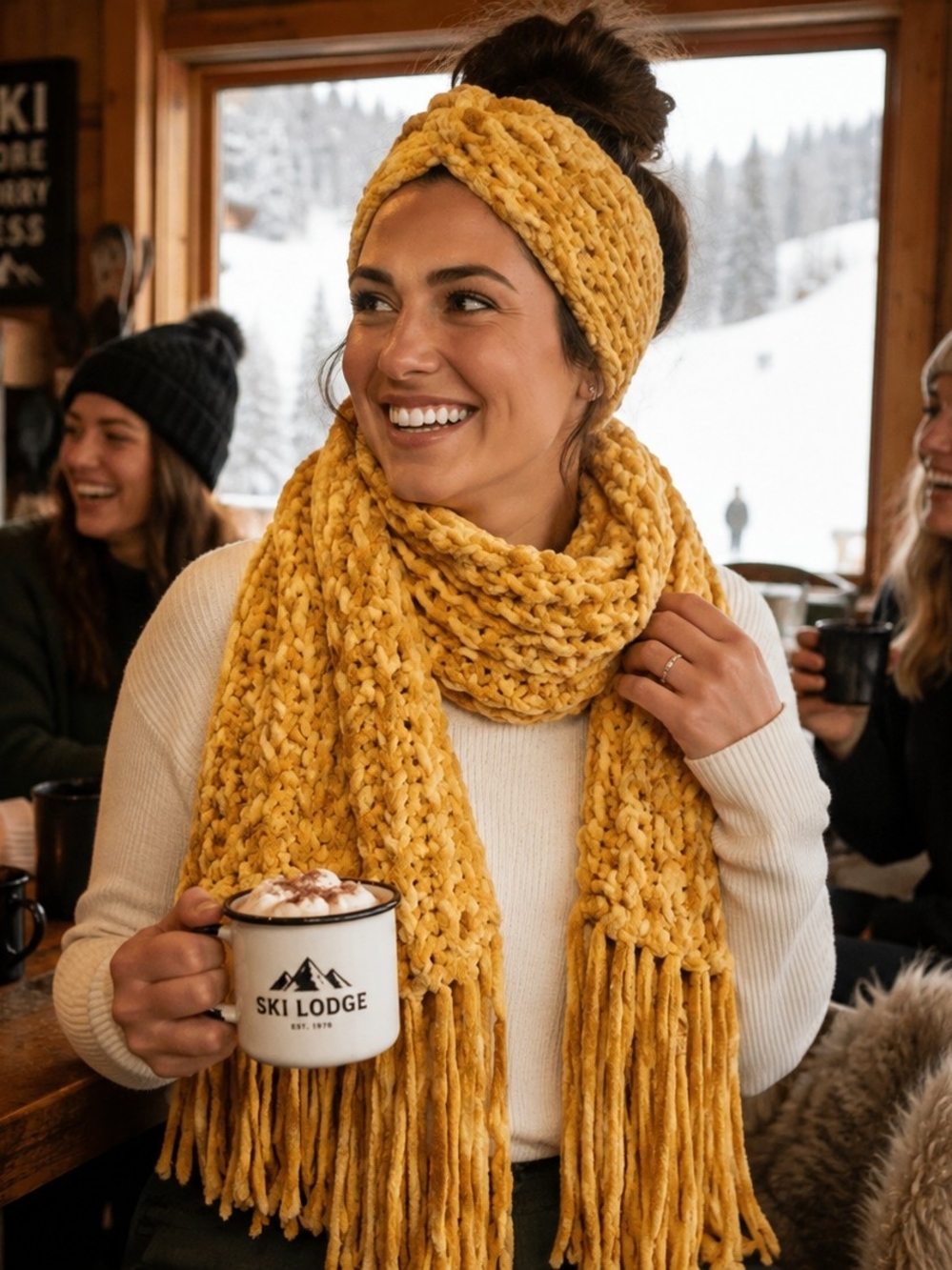 Cozy Chunky Knit Scarf and Headband Set - Mustard Yellow